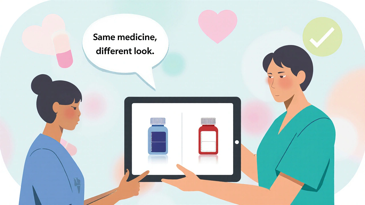 Nurse uses a tablet to visually compare brand and generic pills for a patient.