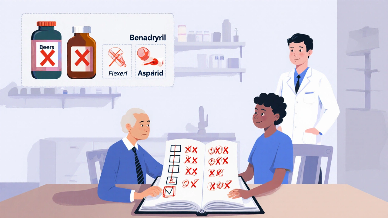 Older adult with doctor and pharmacist reviewing a medication list with risky drugs crossed out.