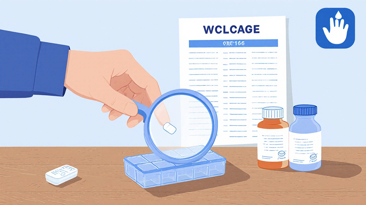 Person carefully placing one pill into organizer with medication list