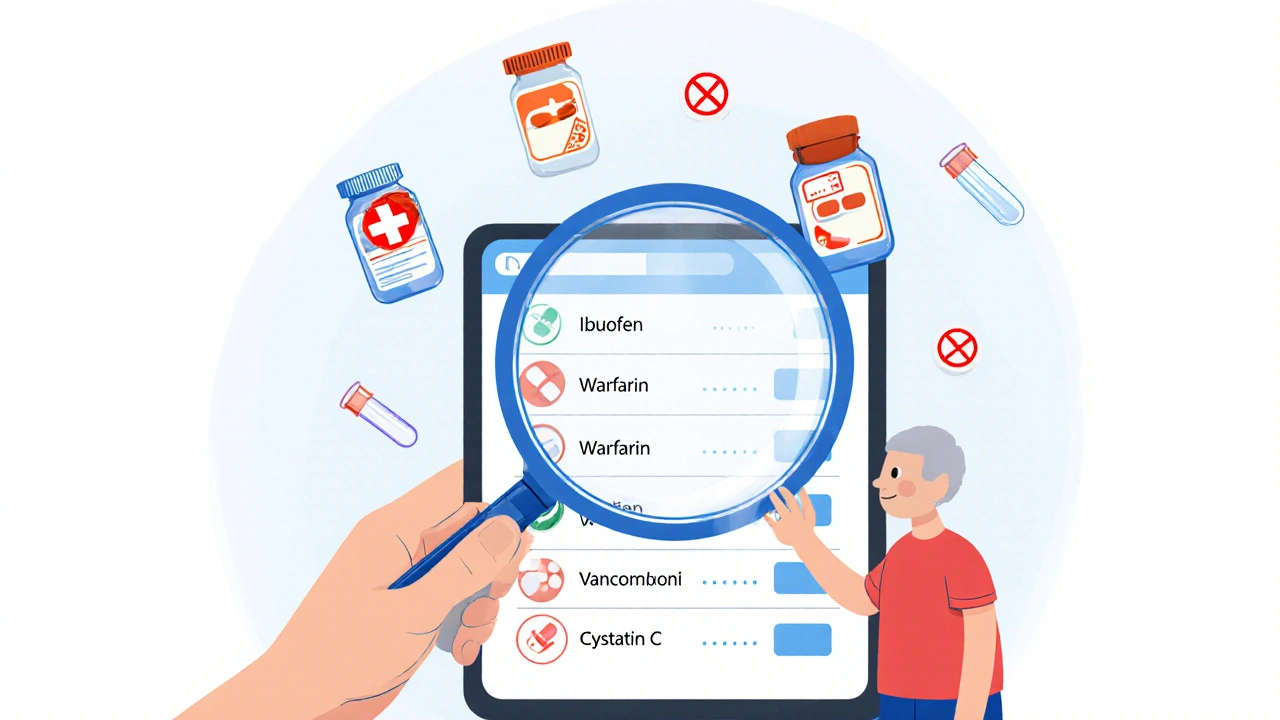 Pharmacist reviewing medications with cystatin C test and warning icons for kidney-cleared drugs