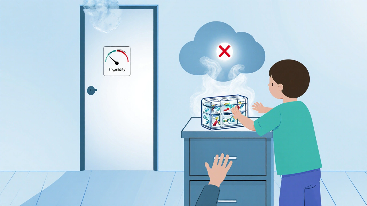 Pill organizer in dry drawer with humidity meter and locked safety icon