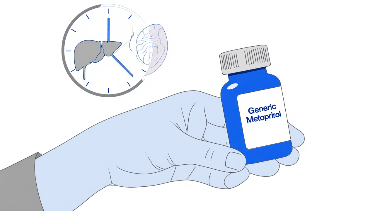 Senior holding a generic blood pressure pill bottle with visual representation of slowed metabolism.