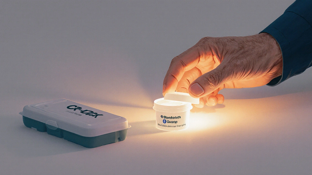 Senior opening a medicine cap with a grip aid, next to a smart pill organizer.