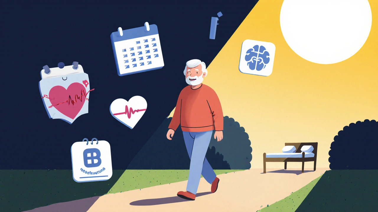 Senior walking safely home with icons for checkups, medication review, and muscle loss, avoiding hospital