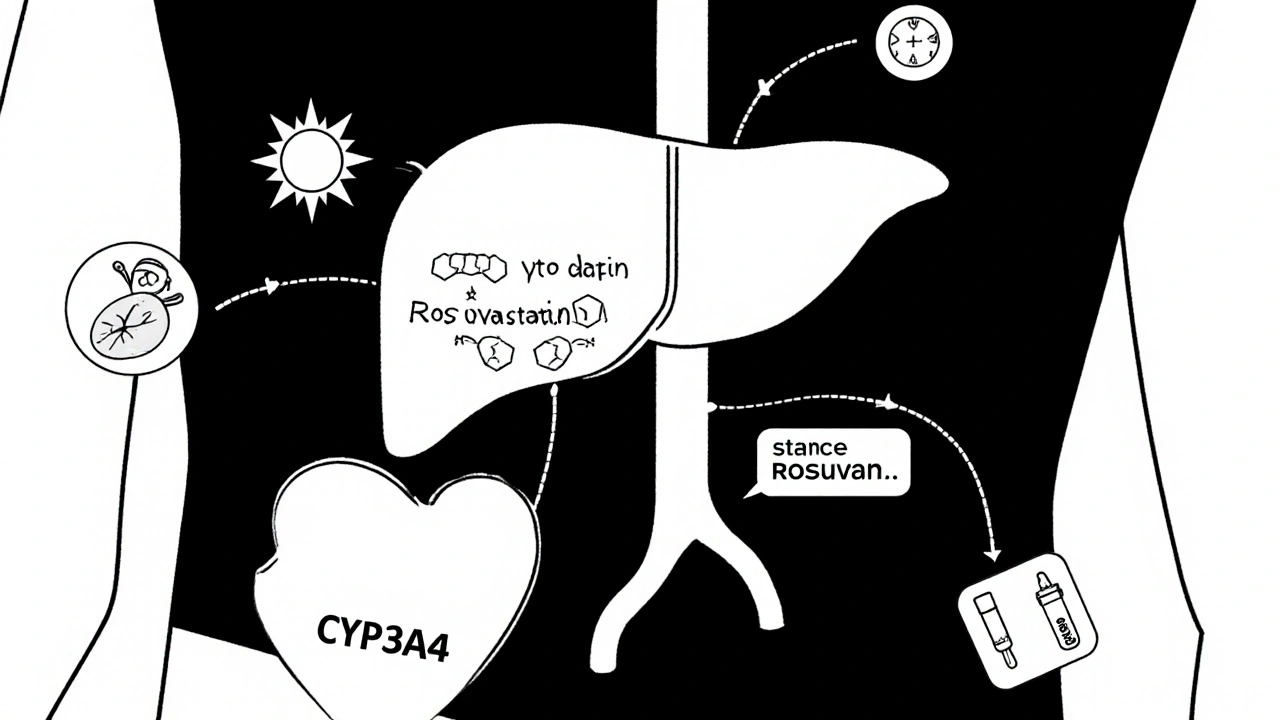 Simplified liver diagram with competing statin and vitamin D molecules