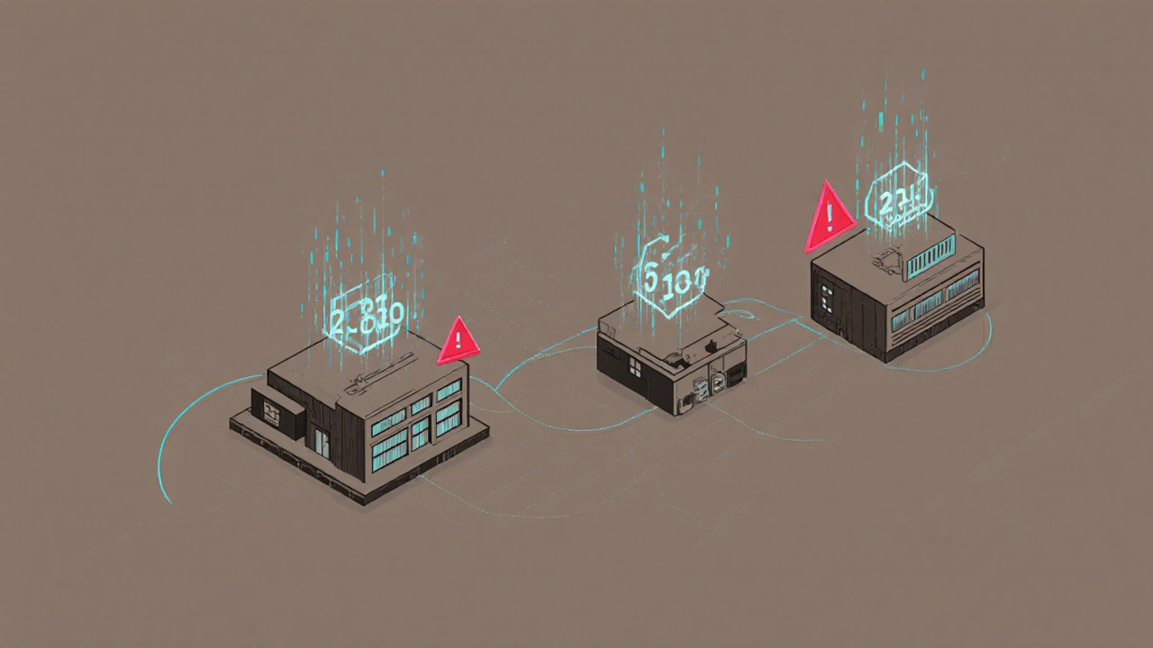Three factories connected by digital serial numbers in a supply chain, with one flagged for low compliance.