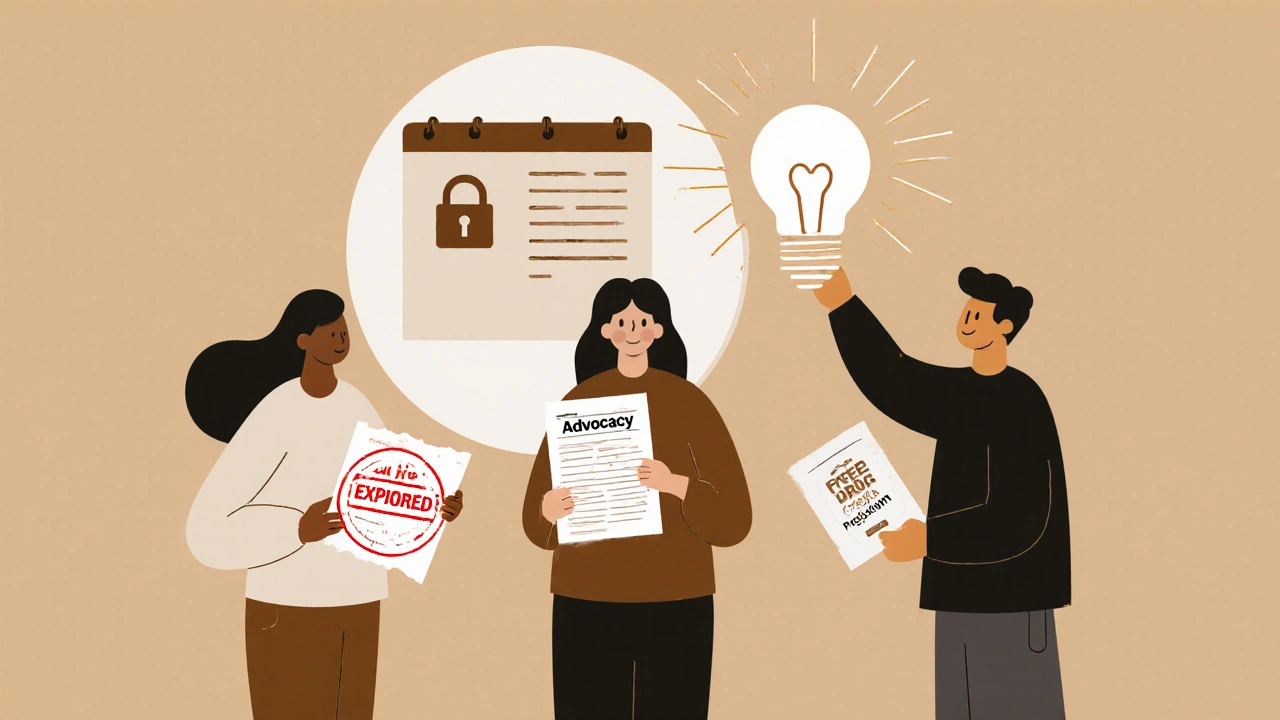 Three people: one with an expired card, one with a patient assistance pamphlet, and one reaching for advocacy lightbulb.