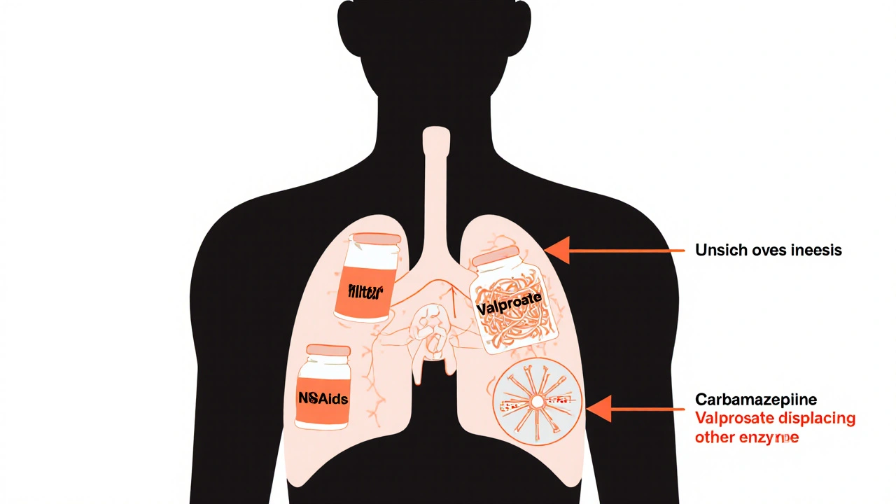 Transparent human silhouette showing how three mood stabilizers affect kidneys, proteins, and liver enzymes.