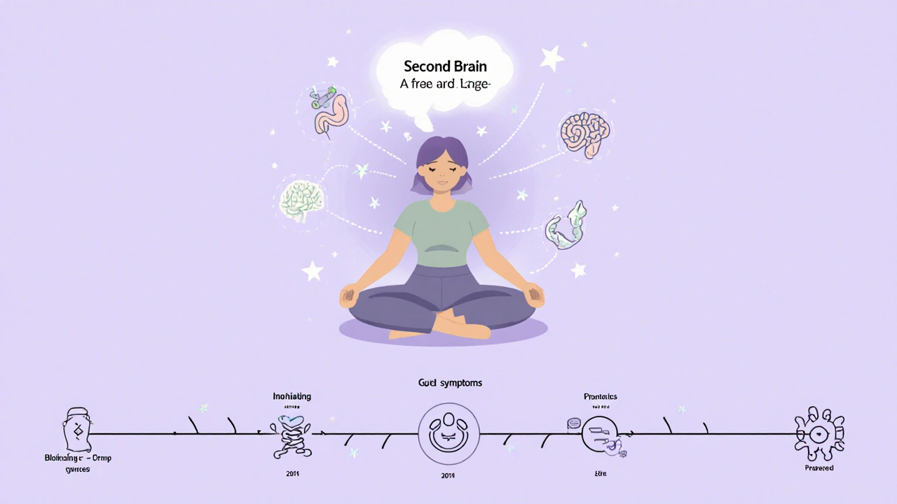 Woman in yoga pose connected to her gut and brain, with supplements floating nearby during her menstrual cycle.