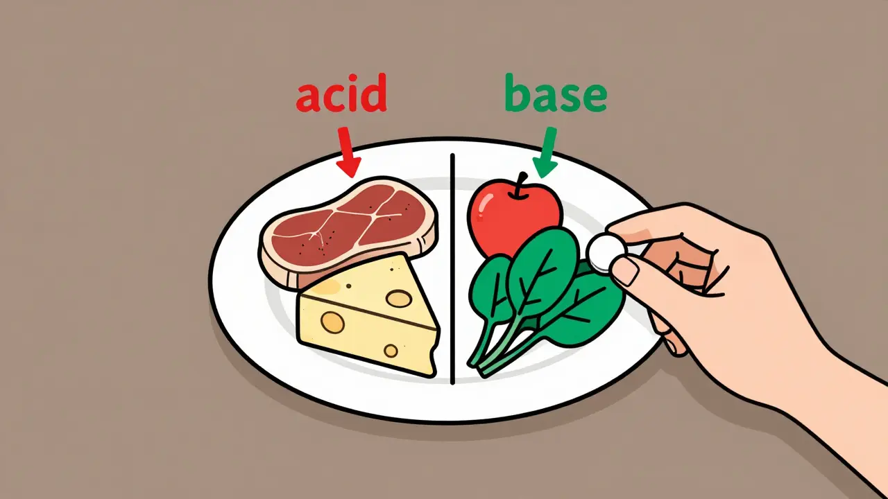 A balanced plate with acid-producing foods on one side and base-producing foods on the other.