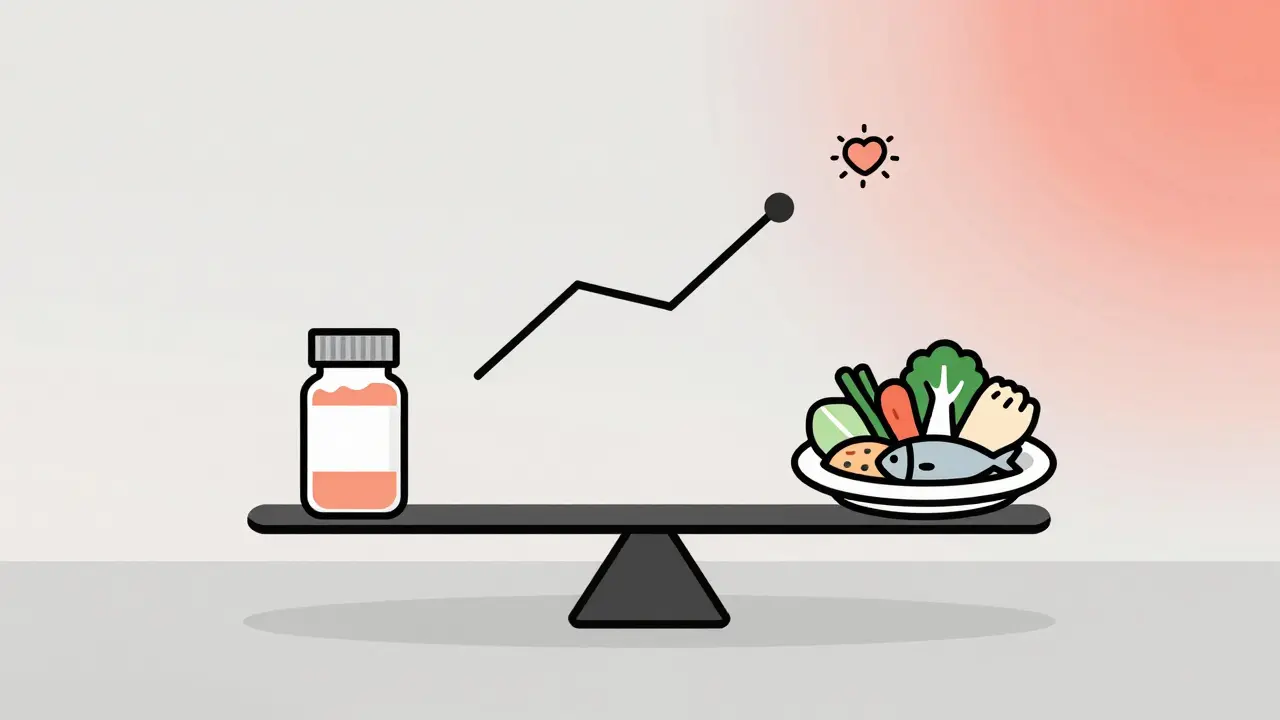 A balanced scale with medicine on one side and healthy food on the other, rising heart health graph above.