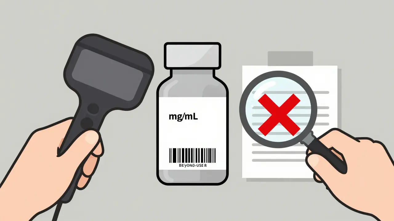 A correctly labeled compounded medication with barcode beside a rejected handwritten label.