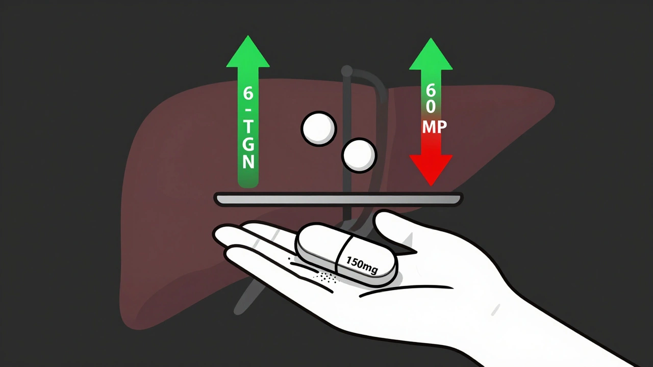 A patient with reduced azathioprine pill and allopurinol on a balanced scale, with metabolite arrows indicating improved metabolism.