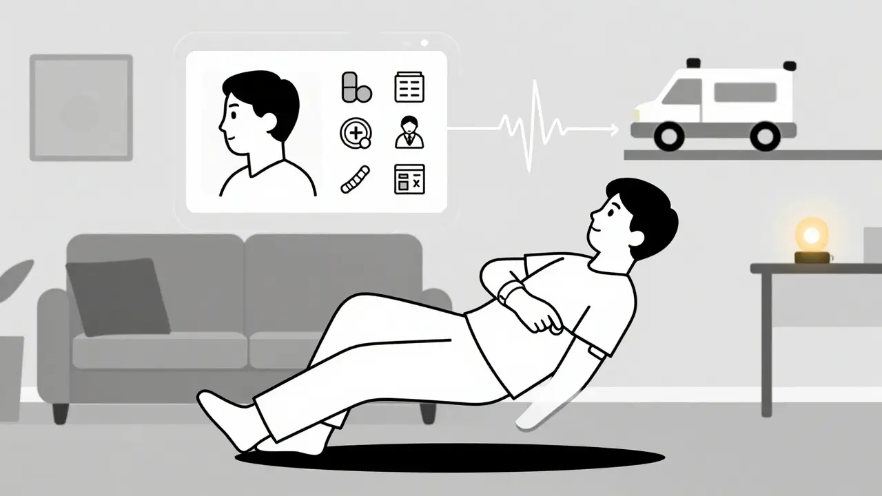 A person pressing a medical alert bracelet button while falling, with a digital profile floating above showing health icons.