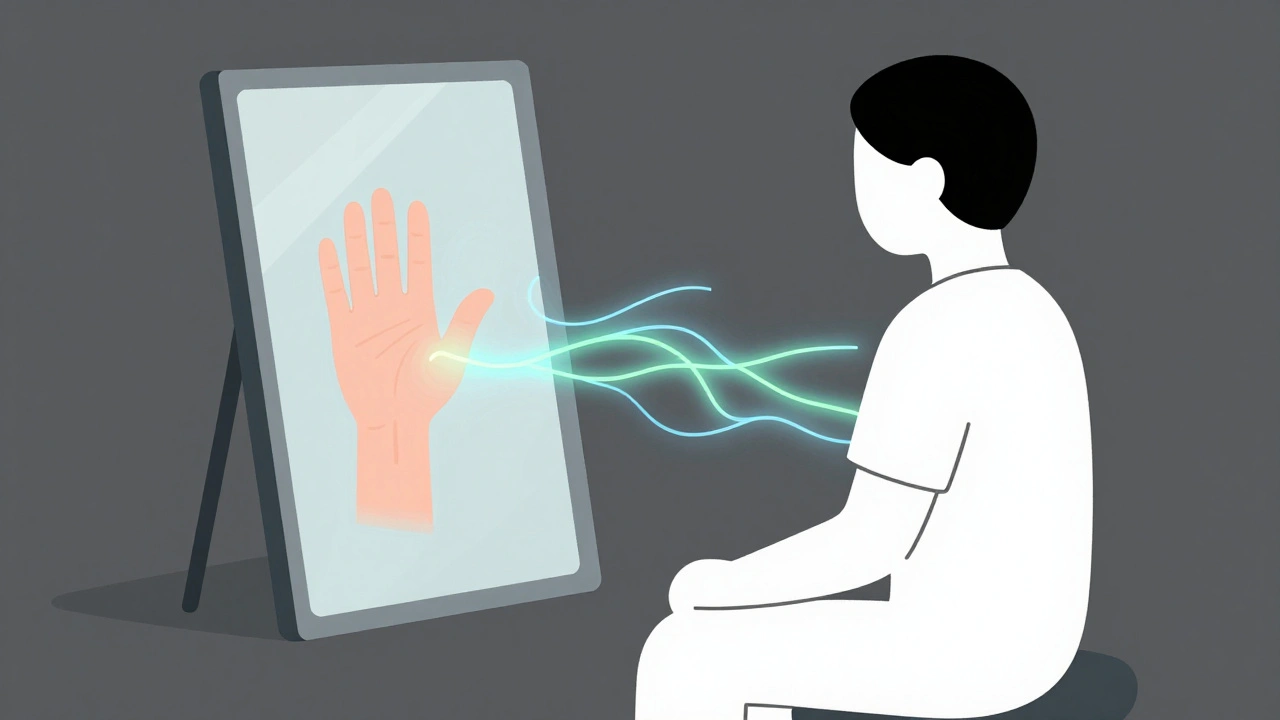 A person using a mirror to reflect a healthy hand, with soft neural pathways glowing nearby.