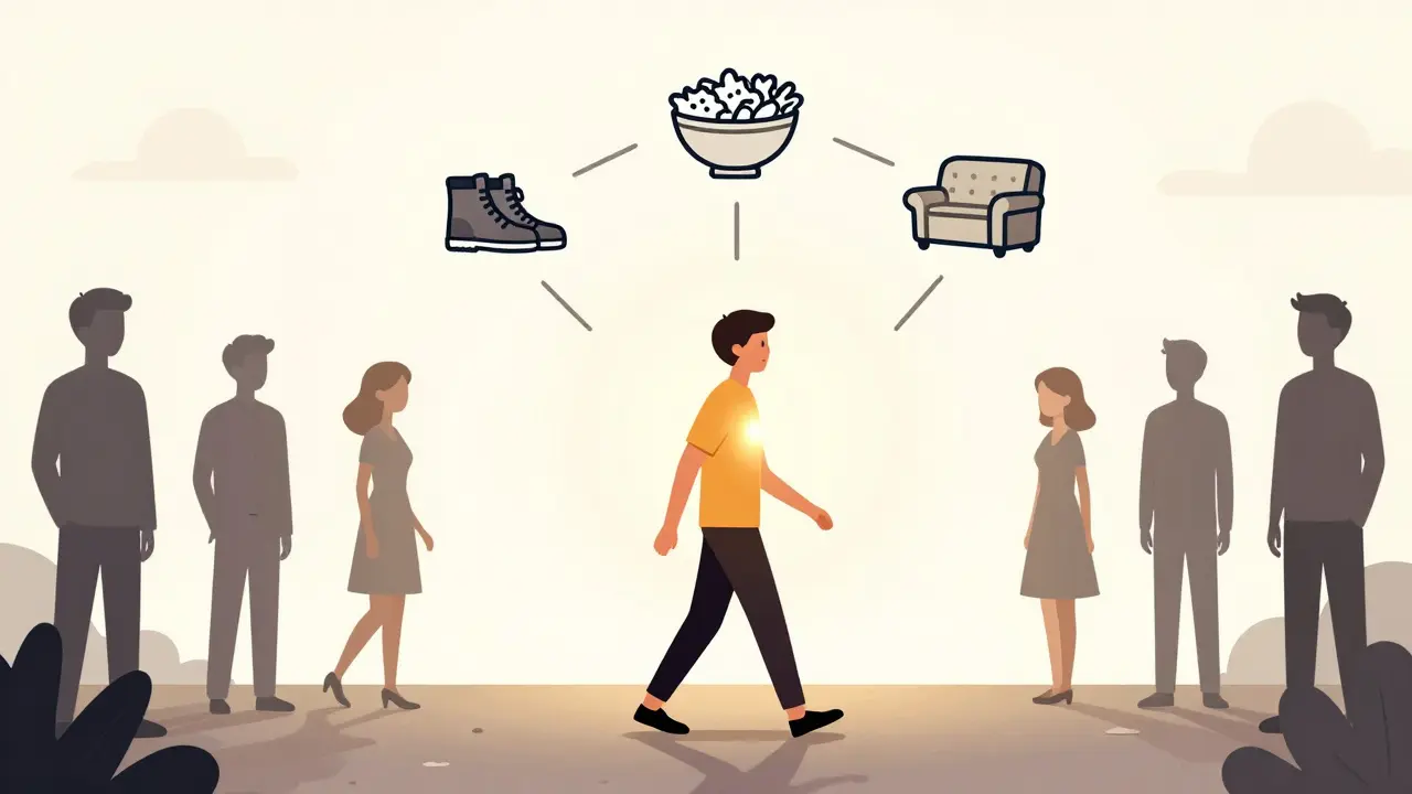 A person walking with habit icons linked to friend silhouettes, glowing from within.