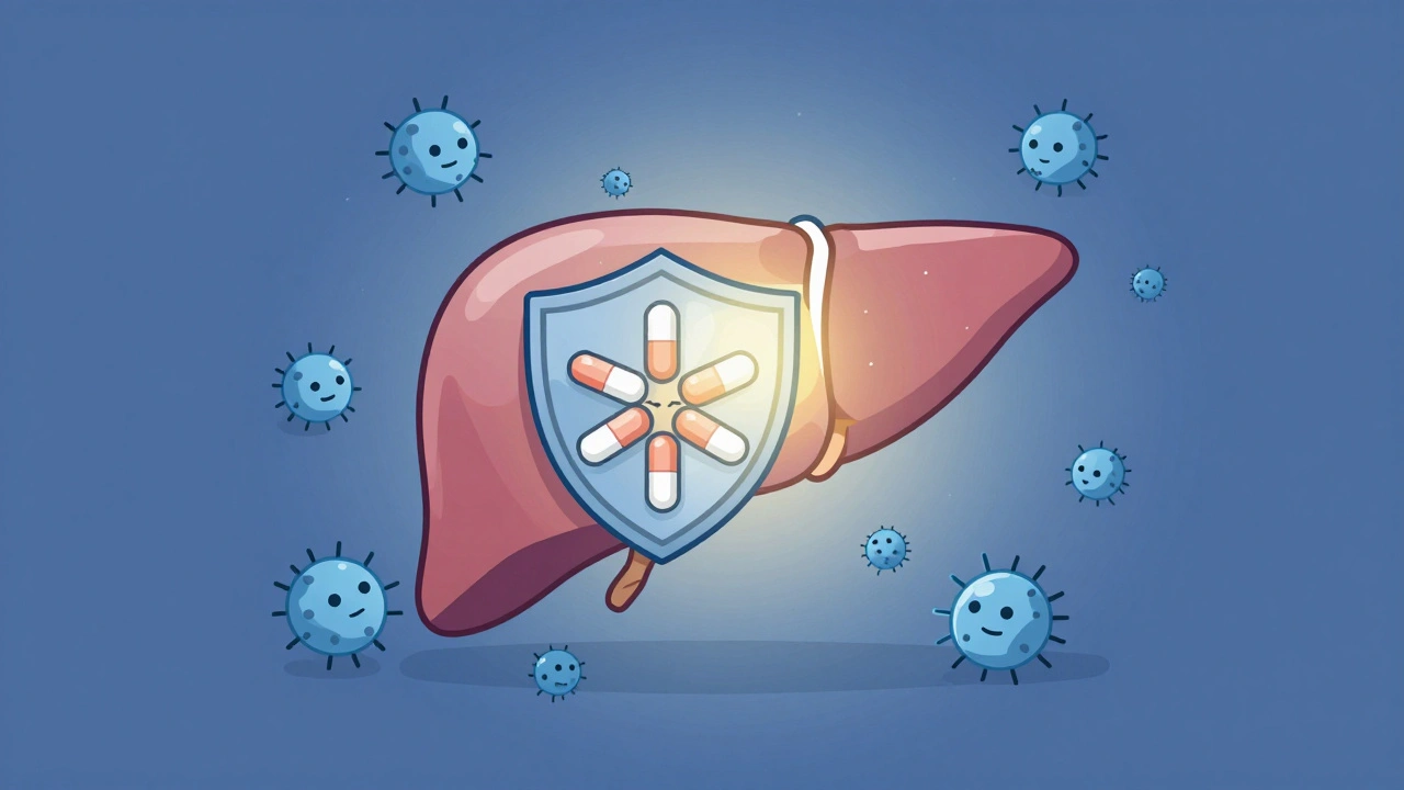 A shield of pills protecting a heart-shaped liver from attacking immune cells, some defeated, others approaching gaps.