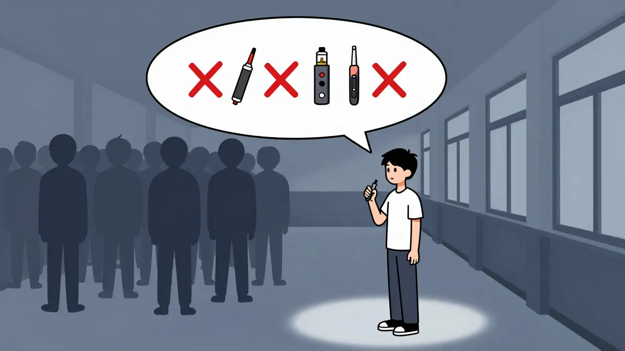 A teen in a hallway with a vape, surrounded by crossed-out peer symbols.