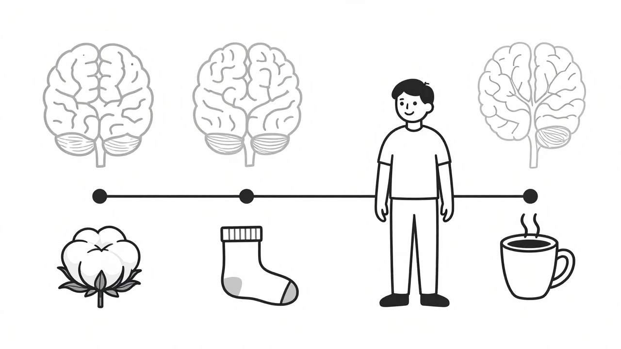 A timeline showing recovery stages from cotton to coffee cup, with a restored brain map above.