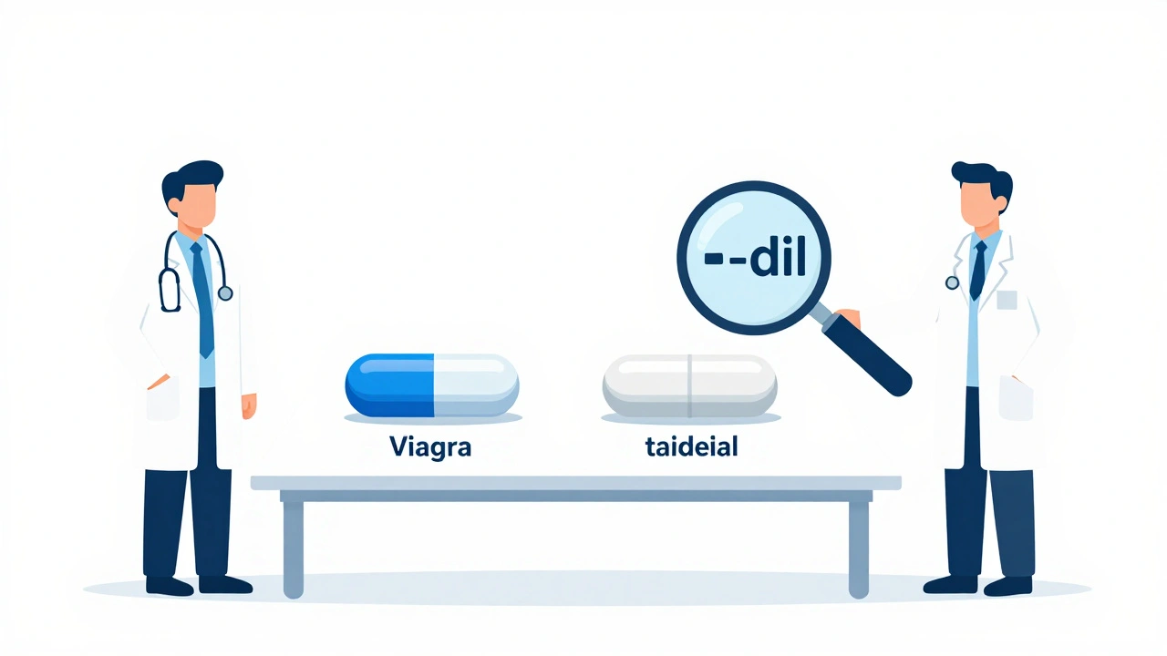 Blue branded pill and white generic pill side by side with shared stem highlighted.
