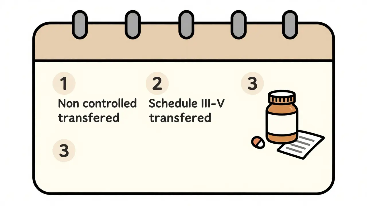 Calendar showing step-by-step transfer of different medication schedules