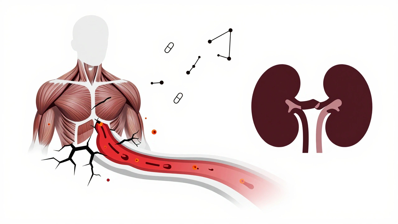 Cracked muscle silhouette leaking toxins into a bloodstream flowing toward a clogged kidney.