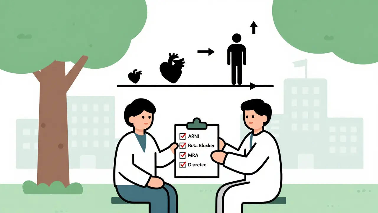 Doctor and patient reviewing a checklist of four heart failure medications under a tree, symbolizing progress.