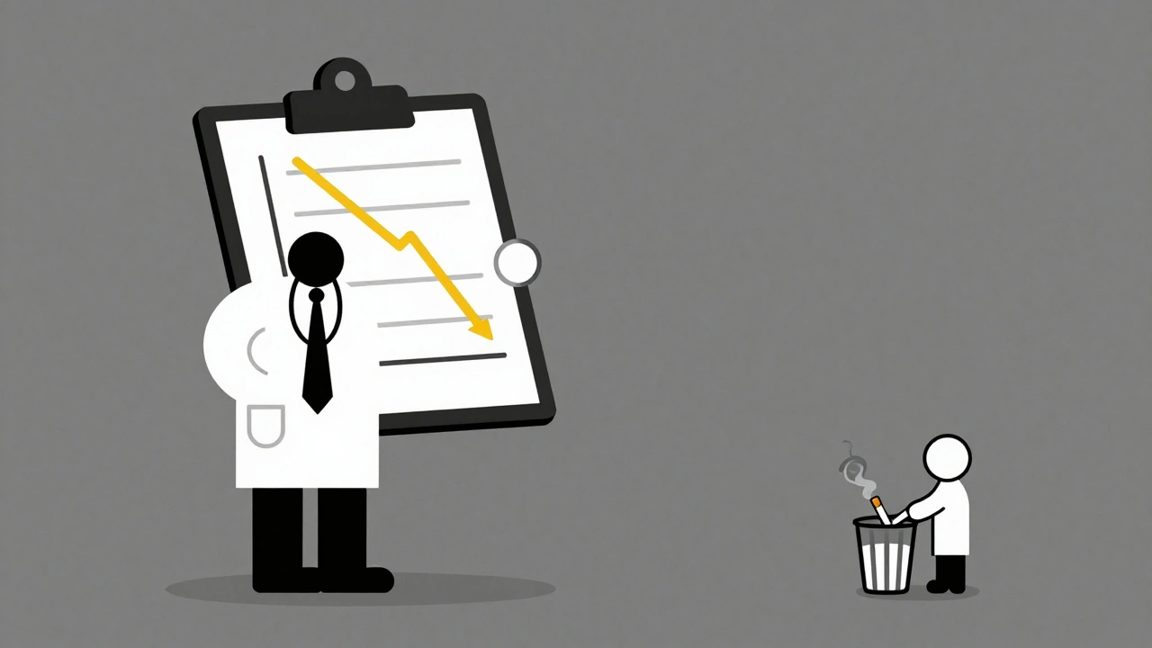 Doctor with a graph showing clozapine levels dropping after a patient quits smoking.