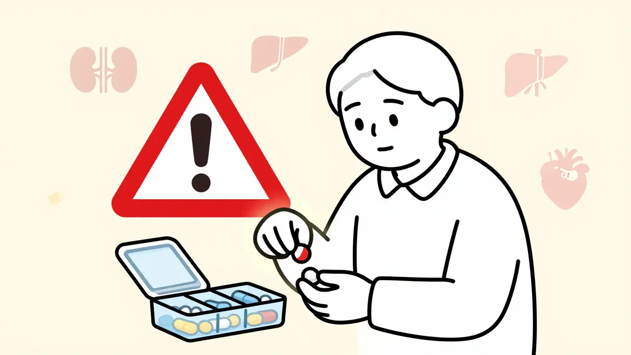 Elderly person taking pills with medical risk icons floating nearby.