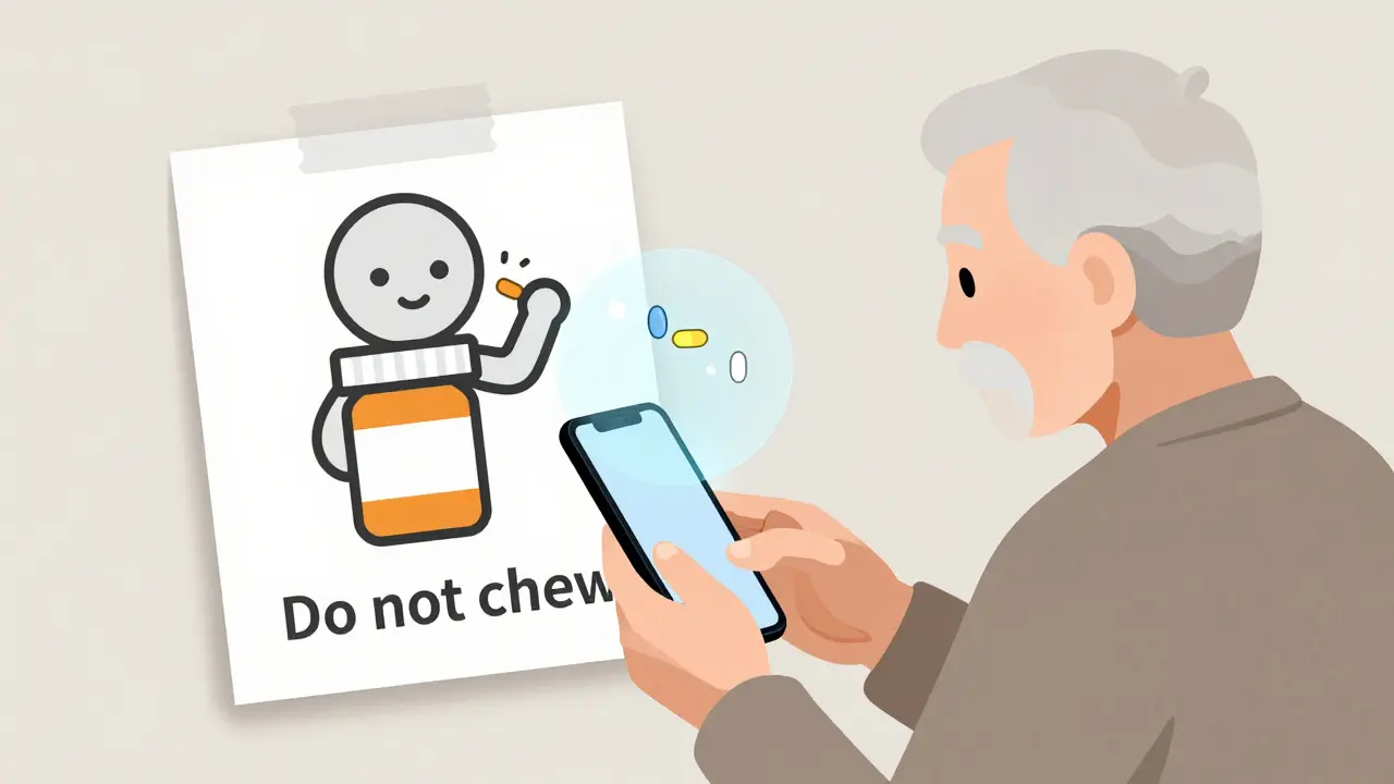 Elderly person using smartphone to view AR instruction over pill bottle, paper label faded in background.