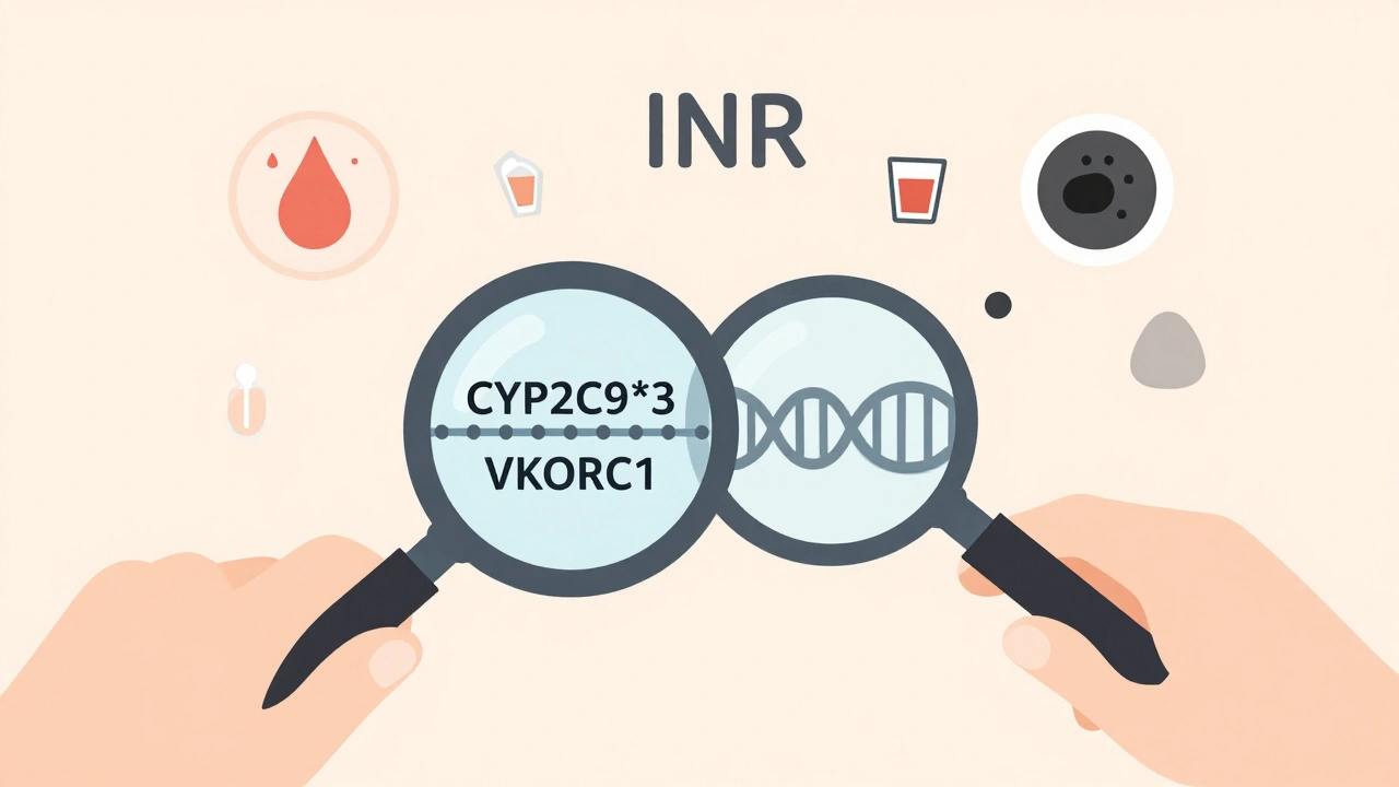 Genetic factors affecting warfarin response with alcohol molecules triggering INR rise.