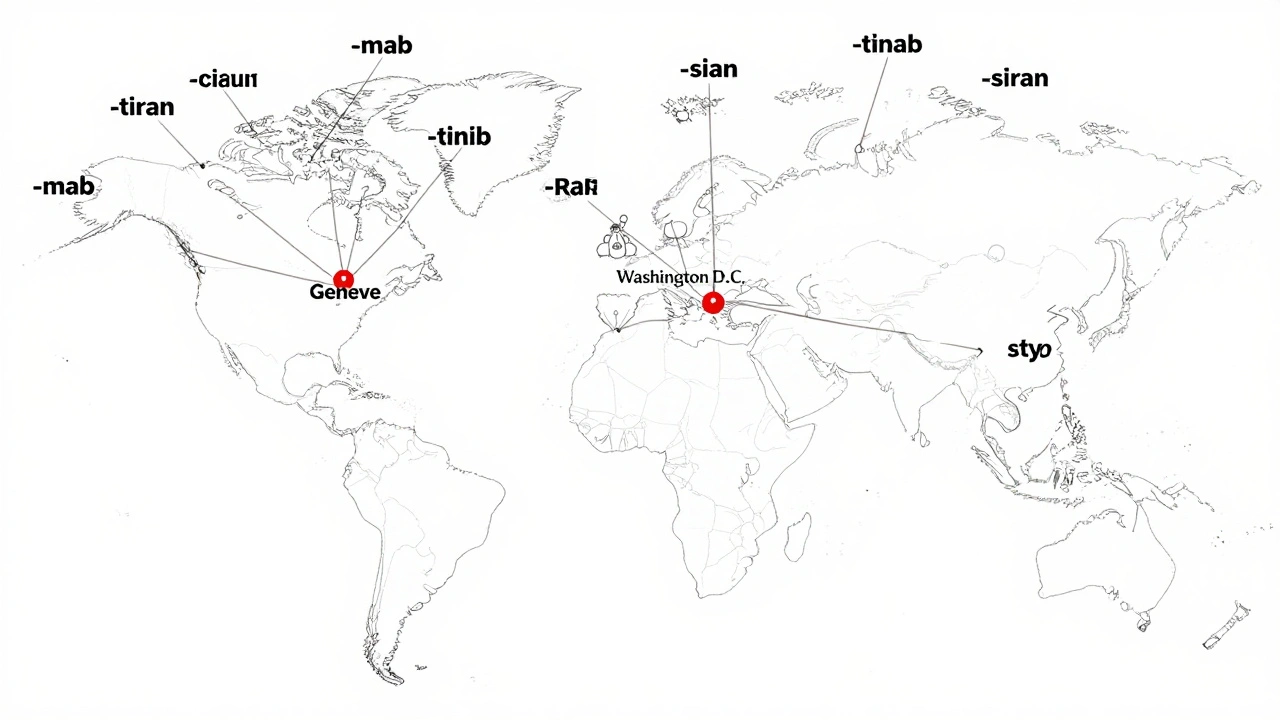 Global map with drug name stems radiating from major cities, connected to medical icons.