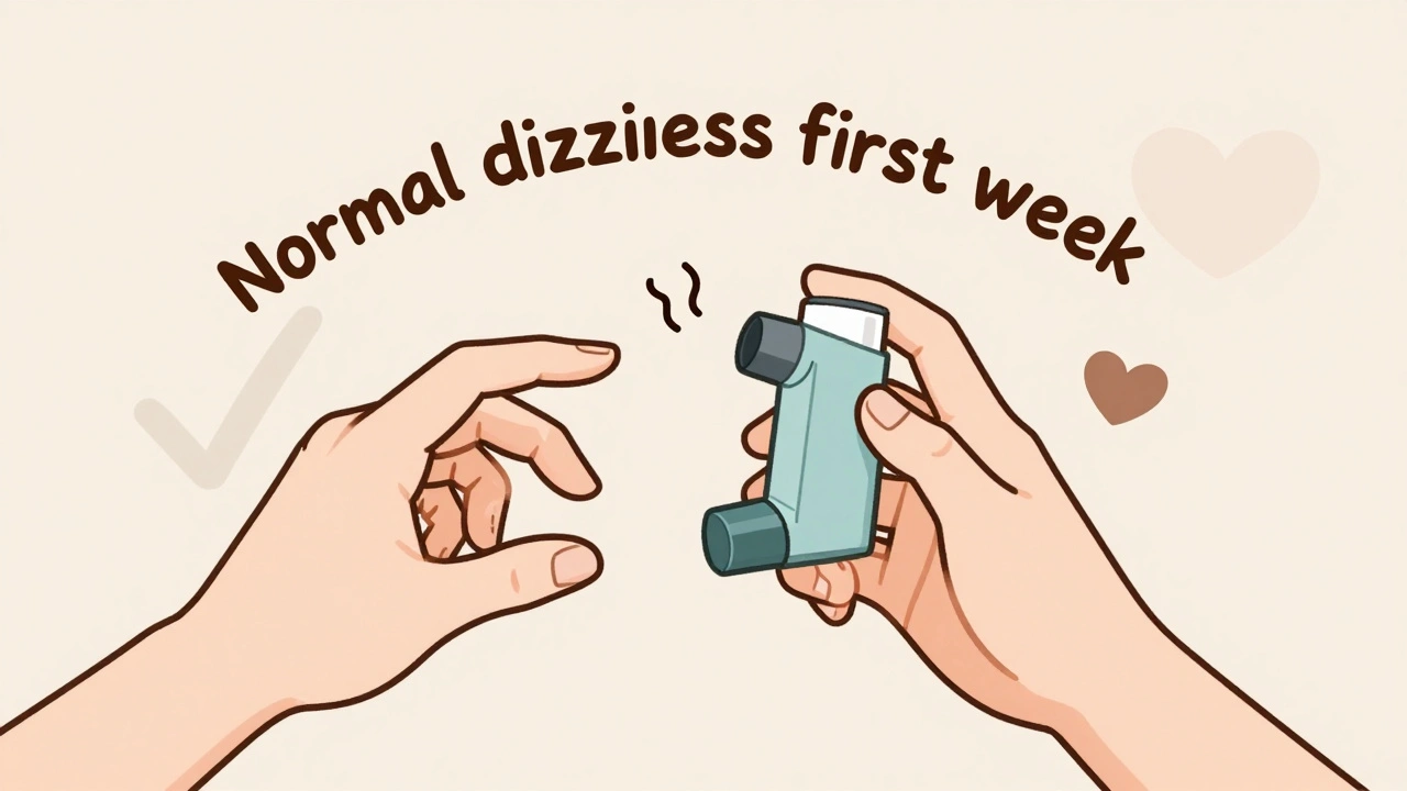 Hand demonstrating inhaler use with friendly note about normal side effects, no text on device.