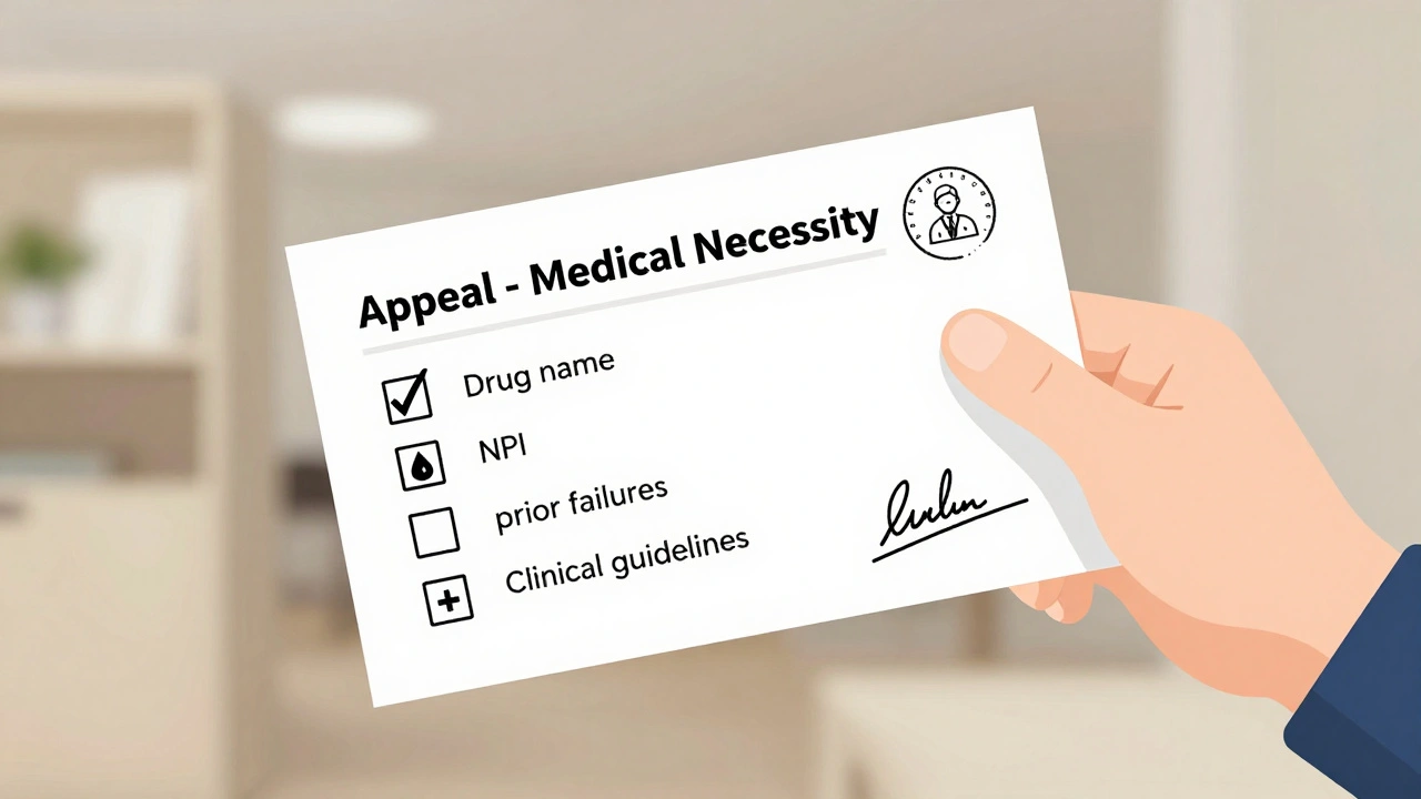 Hand mailing appeal with checklist icons for drug name, doctor details, and clinical proof
