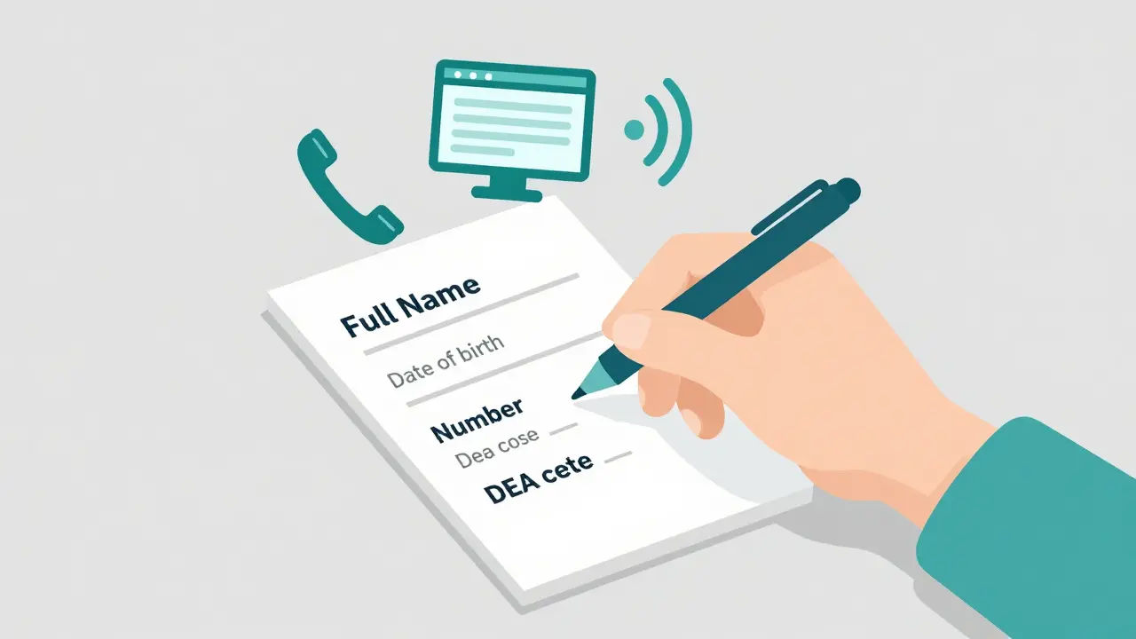 Hand writing prescription details with icons of phone and electronic transfer