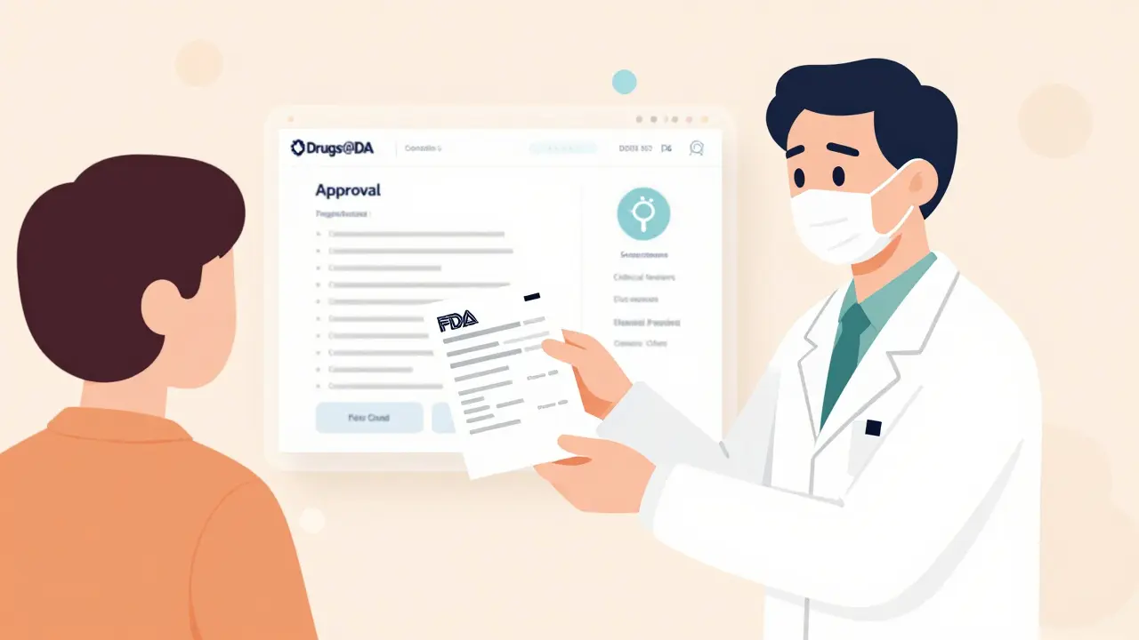 Healthcare worker giving FDA drug label to patient with regulatory icons in background.