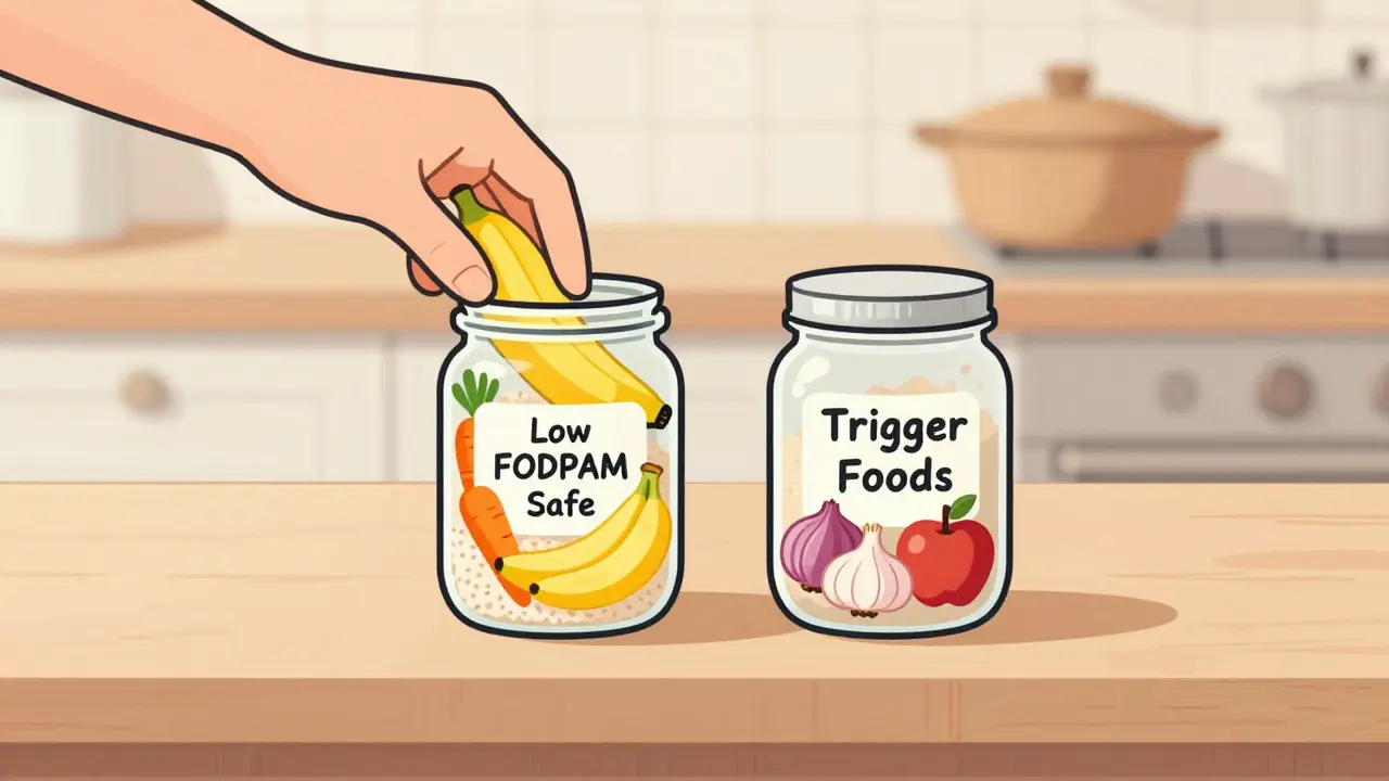 Kitchen counter showing safe and trigger foods for IBS-Mixed, with hand choosing a banana.
