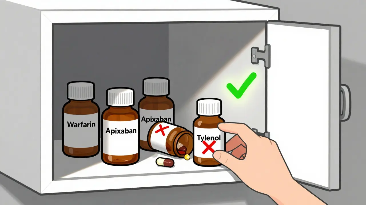 Medicine cabinet with blood thinners and Tylenol highlighted, NSAIDs marked with red Xs.