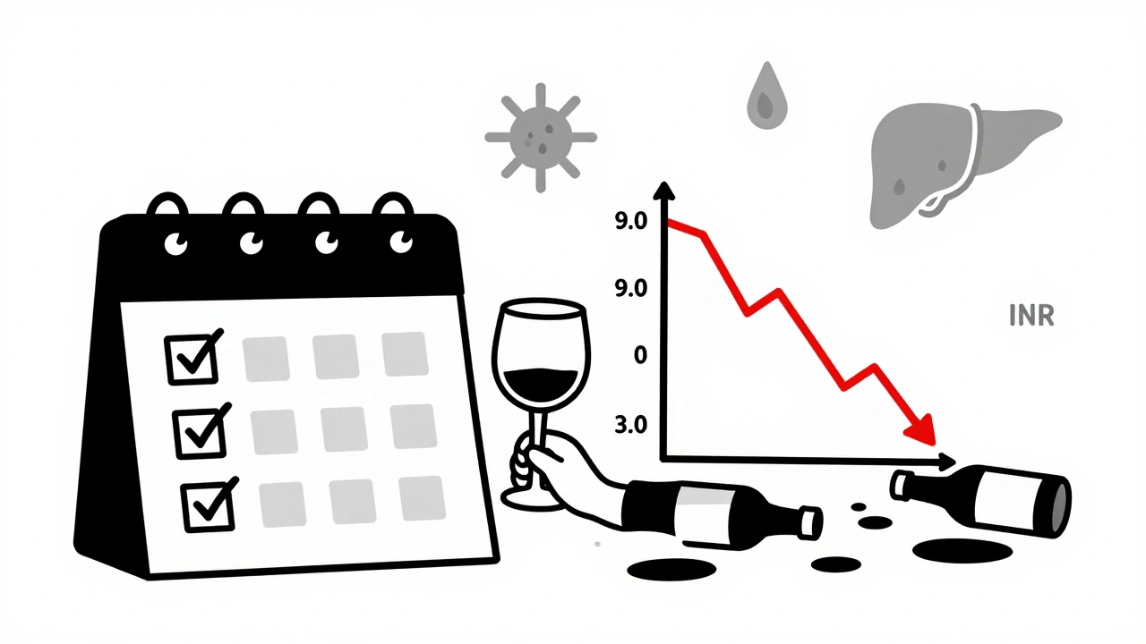 Moderate vs binge drinking comparison with INR graph and medical icons in minimalist style.