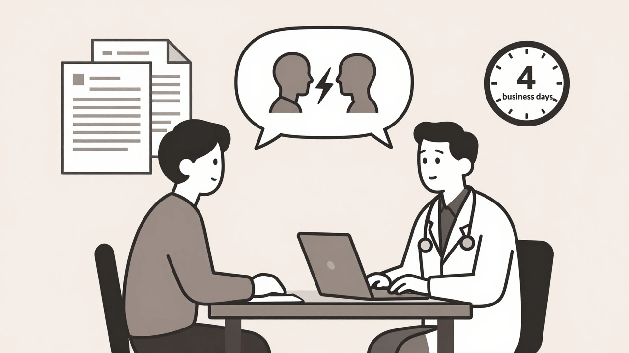 Patient and doctor in conversation with peer-to-peer review icon and appeal documents