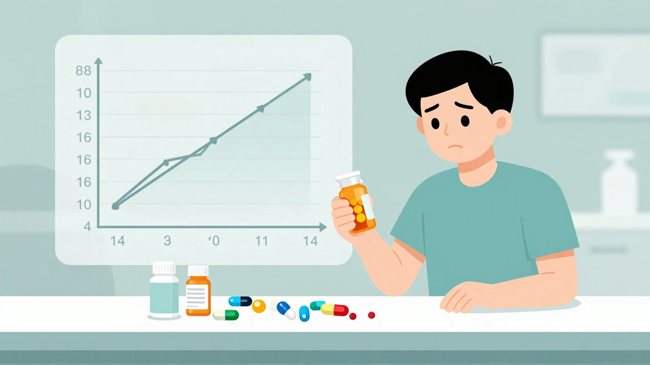 Patient confused by colorful generic pills, with data graph showing equal outcomes.