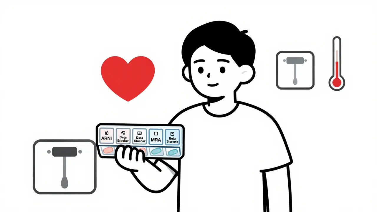 Patient holding a pill organizer with four heart failure medications, a healthy heart growing beside them.