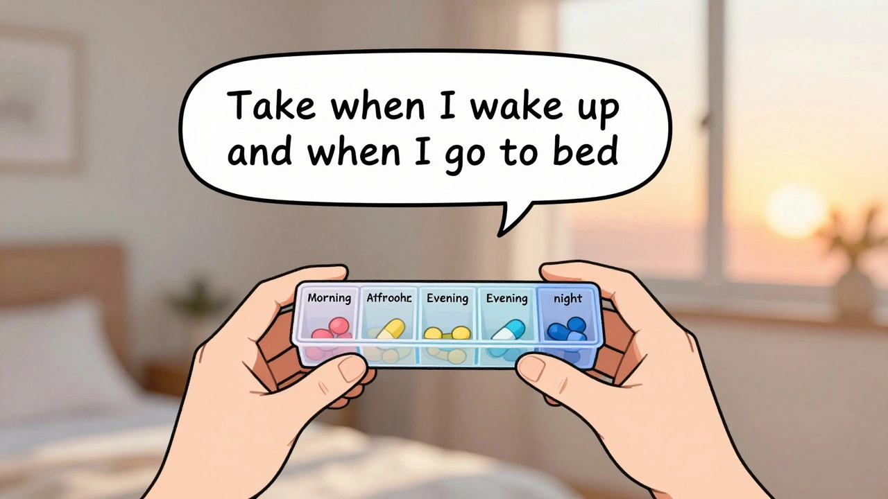 Patient holding a pill organizer with labeled times and colored pills, morning and bedtime cues shown.