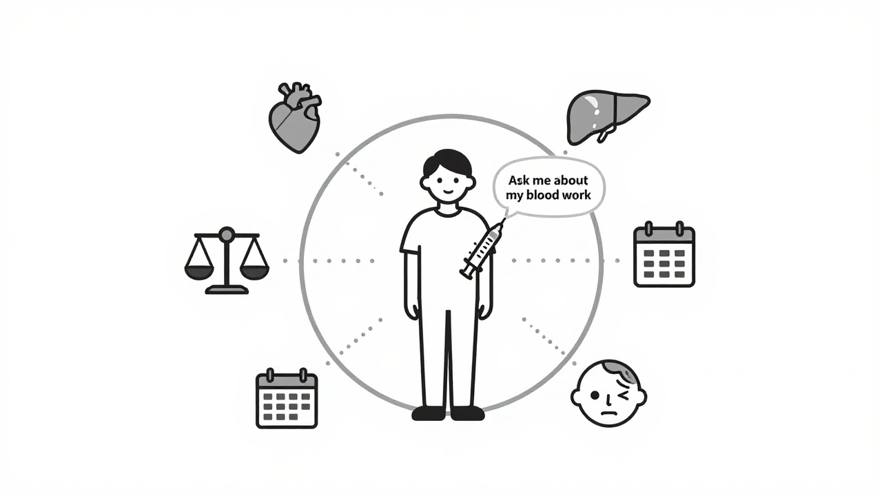 Patient surrounded by health icons linked to a syringe, with a prompt to ask about blood work.