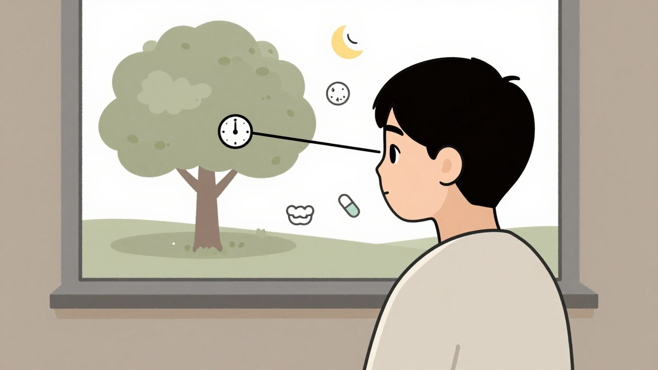 Person looking out window following 20-20-20 rule, with icons for sleep, breathing, dental guard, and preventive medication.