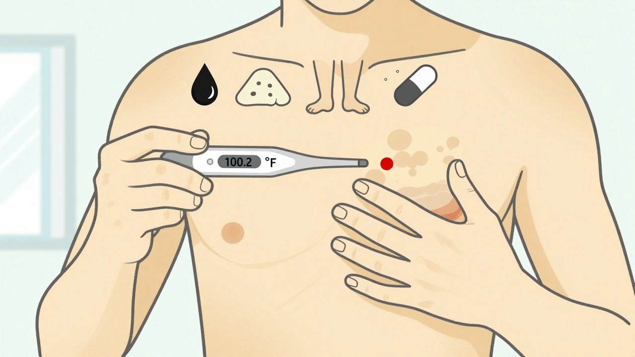 Person showing signs of liver rejection: jaundiced skin, fever, and floating symptom icons like dark urine and swollen legs.