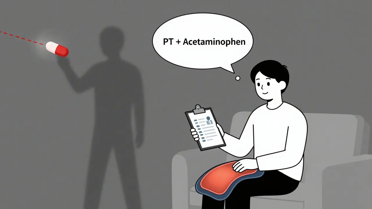 Person using heating pad with safe pain management options shown in thought bubble.