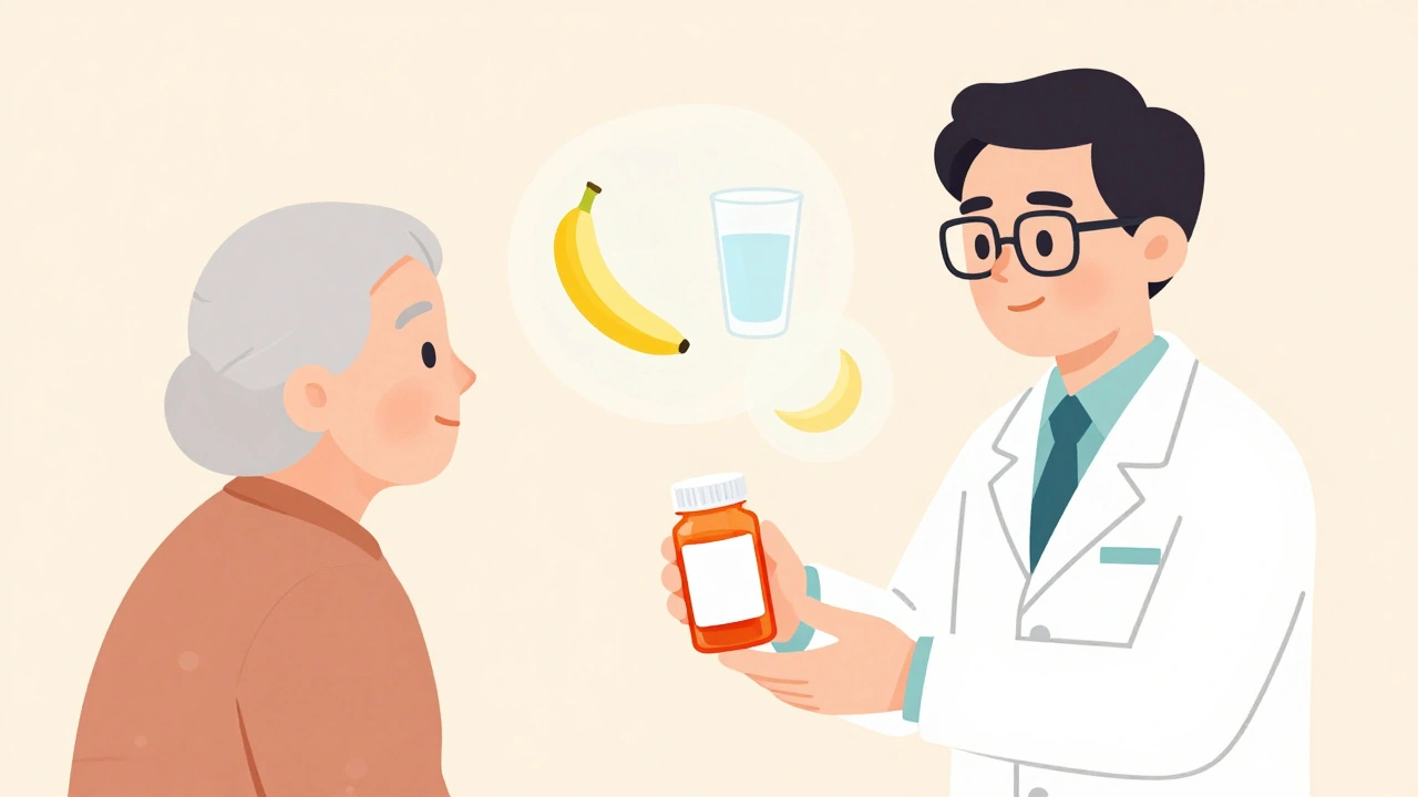 Pharmacist giving a prescription to an elderly patient with visible red warning label and floating icons.