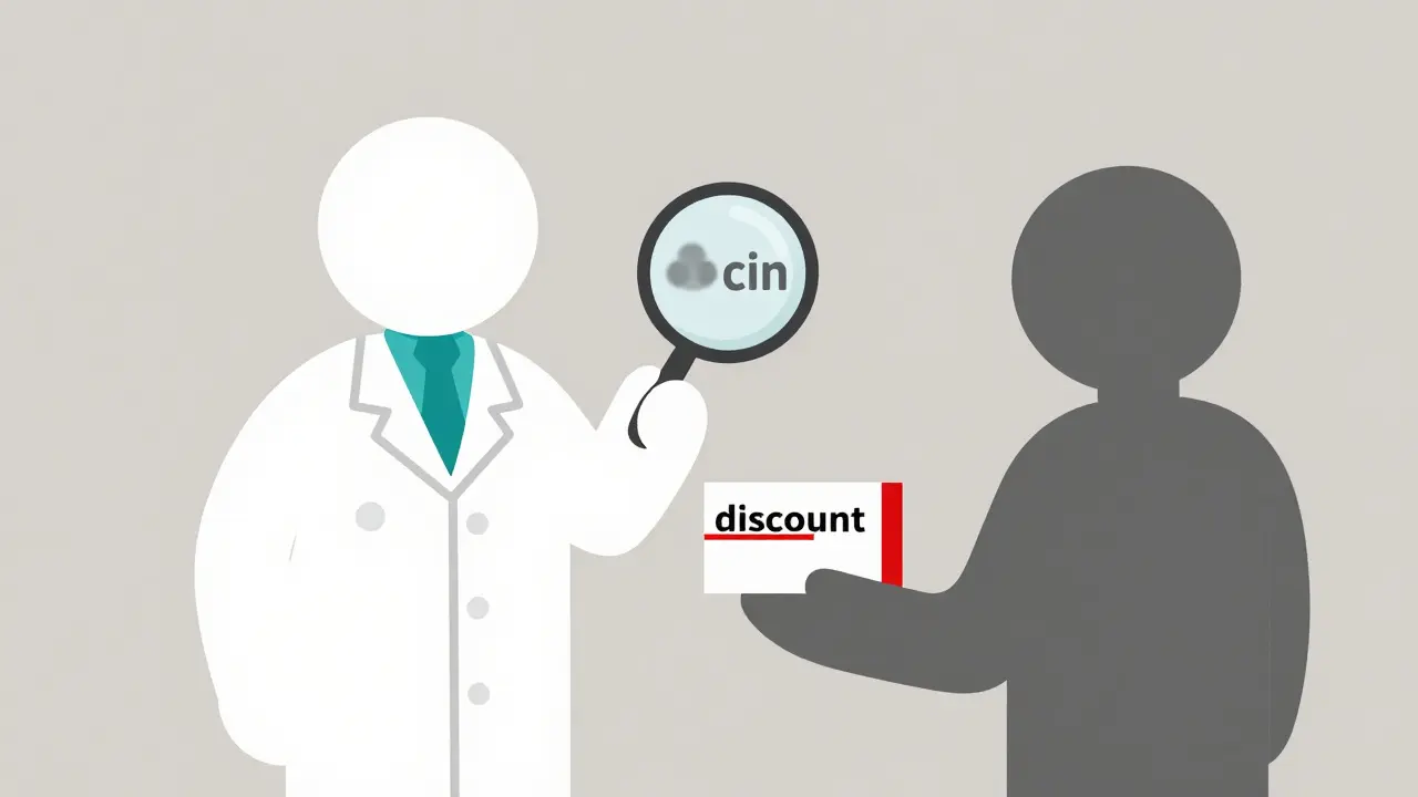 Pharmacist identifies counterfeit drug packaging with mismatched branding and suspicious origin.