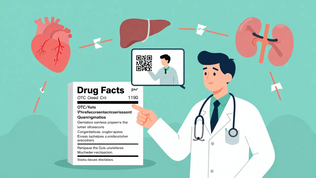 Pharmacist pointing to Drug Facts label with QR code showing safety video.